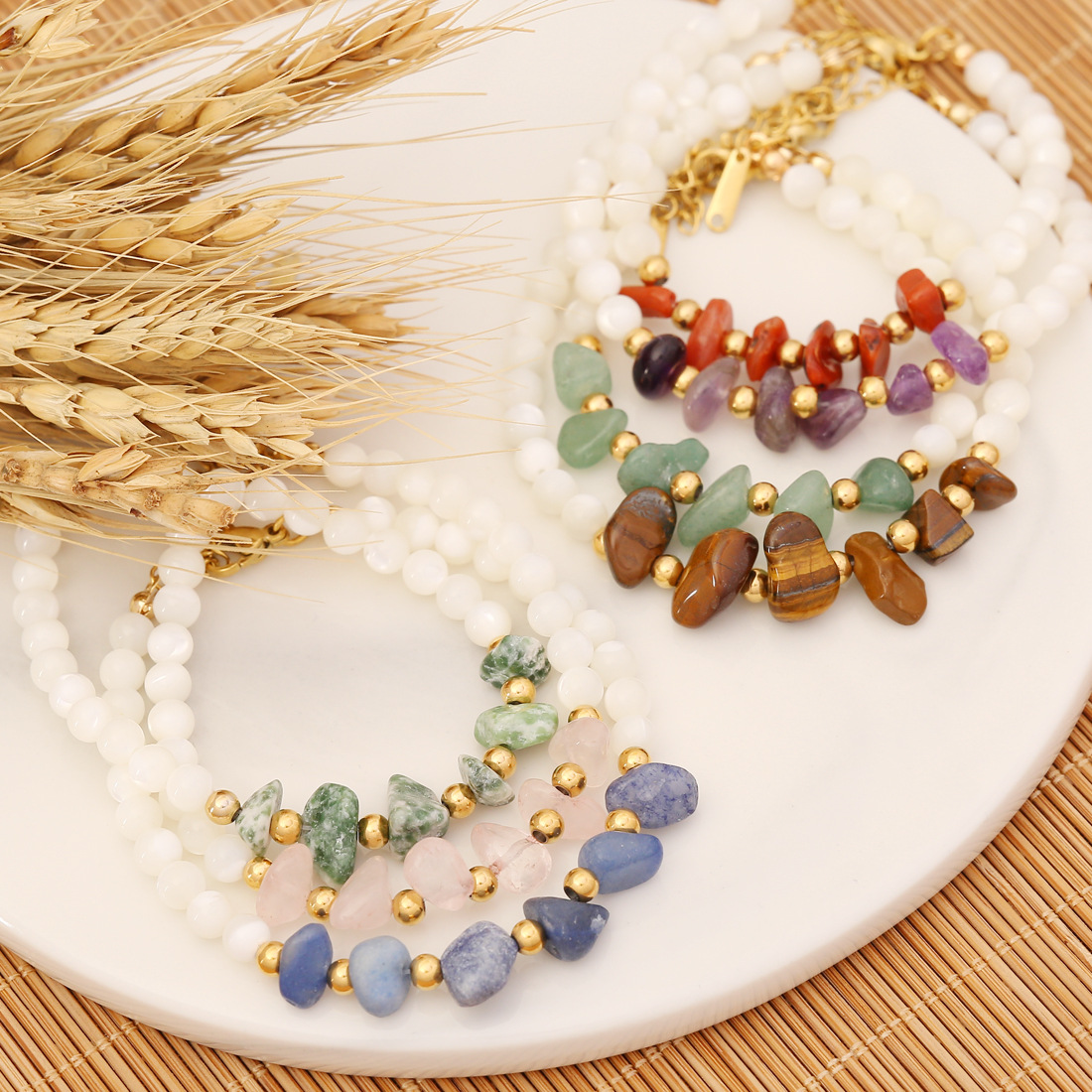 Elegant Design Shell Beads Natural Stone Strands Bracelets Amethyst Tiger Stone Jewelry