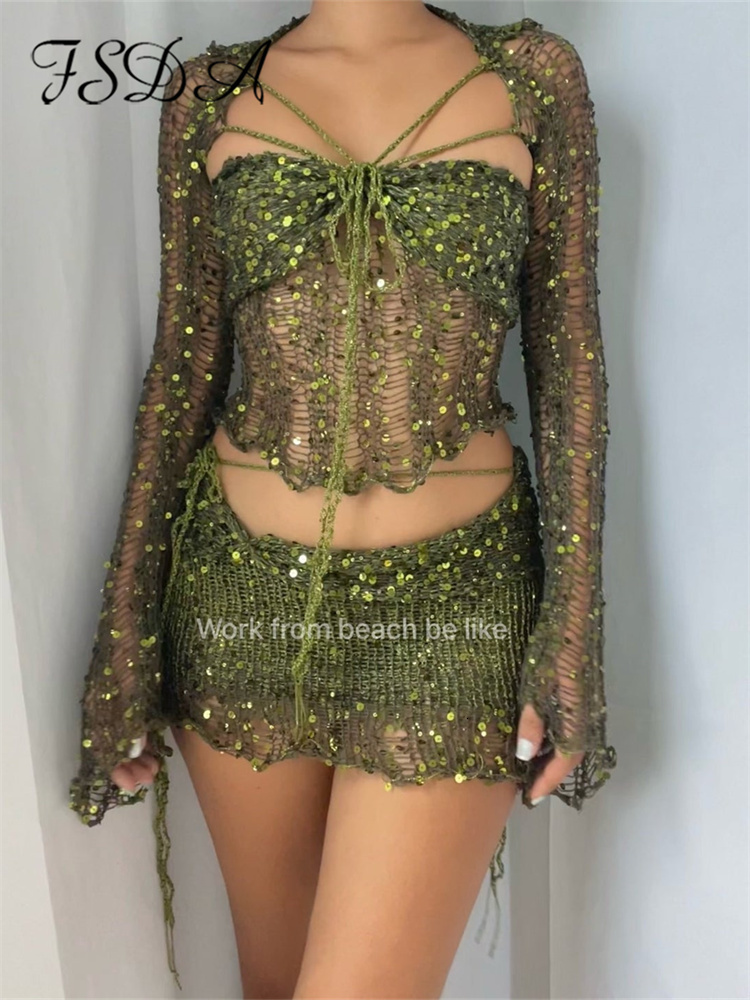 Two Piece Dress FSDA Sequins Knitted Summer Women Beach Outfits Hollow Out Long Sleeve Crop Top And Mini Bodycon Skirt Four Set 230512, Purple
Two Piece Dress FSDA Sequins Knitted Summer Women Beach Outfits Hollow Out Long Sleeve Crop Top And Mini Bodycon Skirt Four Set 230512, Purple