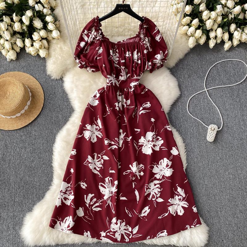 

Party Dresses 2023 Summer Square Neck Holiday Style Fragmented Flower Dress Temperament Wrapped Waist Bubble Sleeve Long, Black