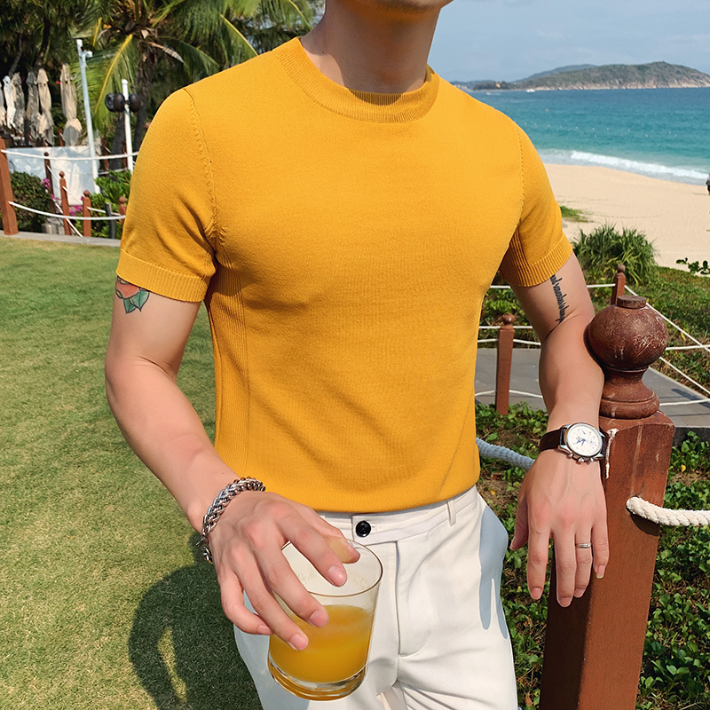 Men's TShirts British Style Summer Ice Silk Short Sleeve Knitted T Shirts Men Simple Pure Color ONeck Casual Slim Tee Shirt Top Homme M3XL 230512