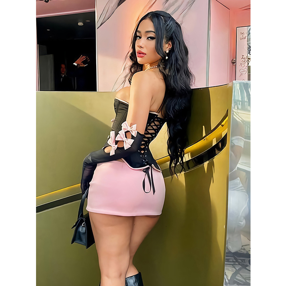 Two Piece Dress Gtpdpllt Sexy Strapless Bows Trim Women Sets Black Gloves Corset Tops Pink Skirts Female Summer Skinny Party Clubwear 230512