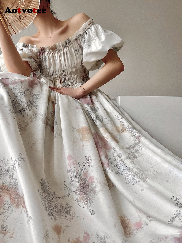 Casual Dresses Aotvotee Print Maxi for Women 2023 Fashion Fairycore Slash Neck Summer Chic Elegant Folds Slim Vintage 230512, Beige 
Casual Dresses Aotvotee Print Maxi for Women 2023 Fashion Fairycore Slash Neck Summer Chic Elegant Folds Slim Vintage 230512, Beige