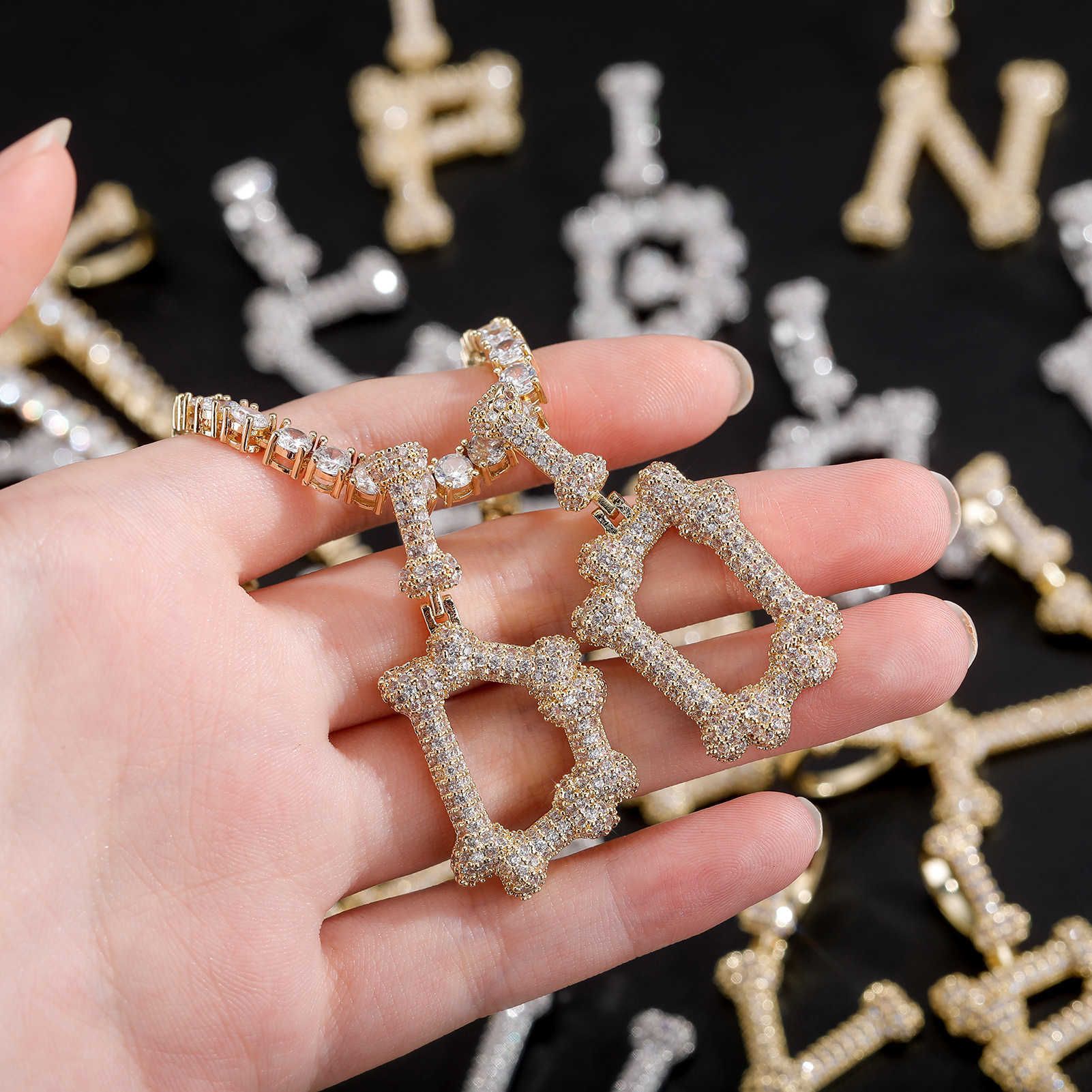 Unisex Ins New Bone Pendant 26 Initial Letters Hip Hop Necklace A-Z 14K Gold Plated Bling CZ Stone Cubic Zircon Iced Out Necklaces Rapper Jewelry Acce