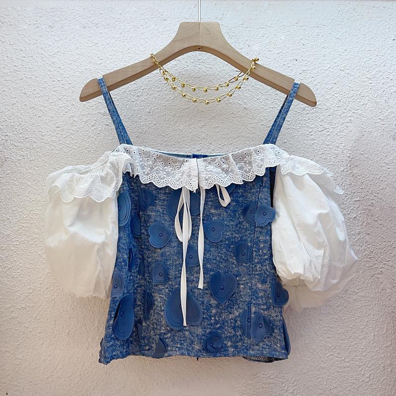 Women's Blouses Sling Embroidery Sweet Denim Patchwork Shirt Female 2023 Summer Blusa Slash Collar Off-the-shoulder Tops Short-sleeve Shirts, Dark blue
Women's Blouses Sling Embroidery Sweet Denim Patchwork Shirt Female 2023 Summer Blusa Slash Collar Off-the-shoulder Tops Short-sleeve Shirts, Dark blue