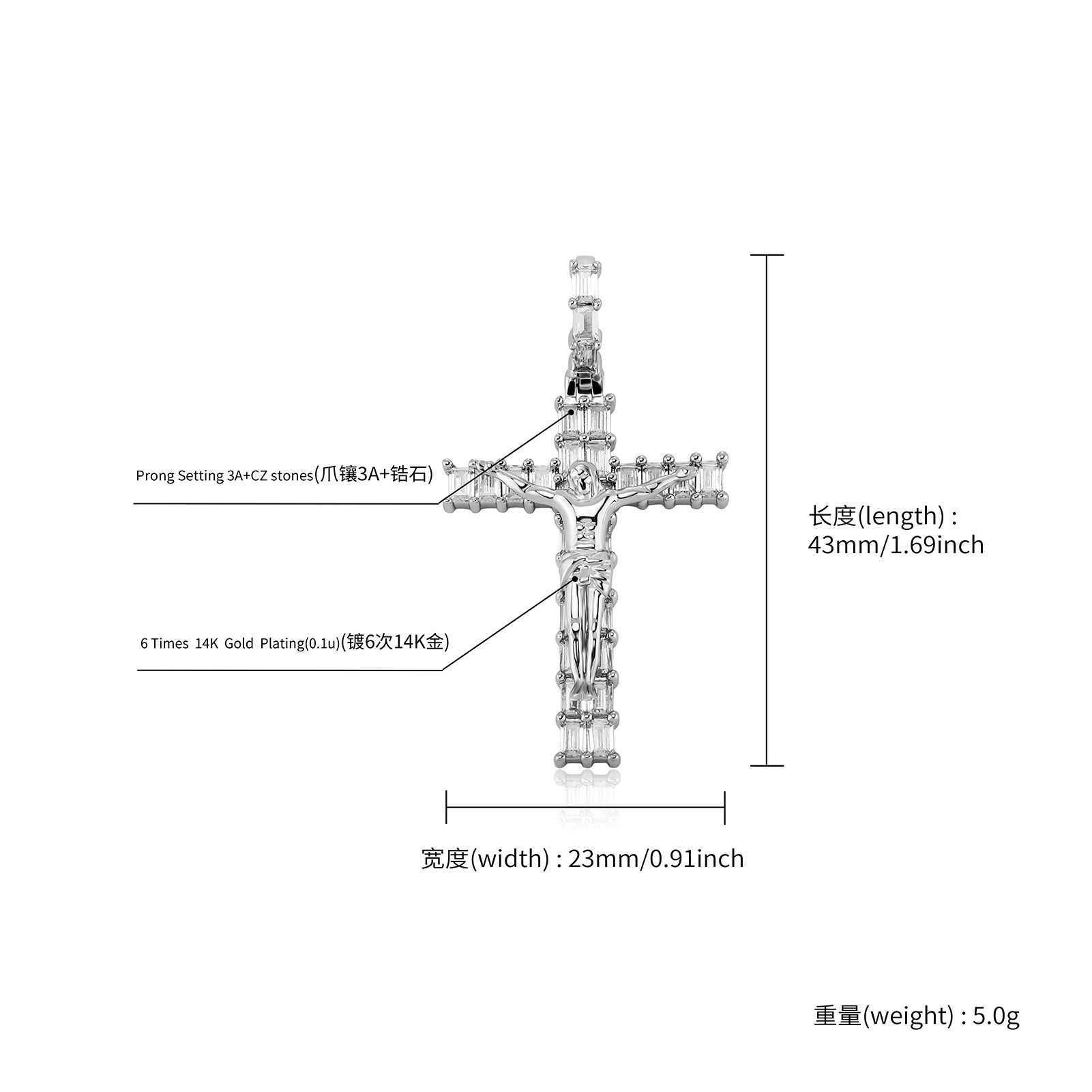 Designer Baguette Cz Stone Large Cross Jesus Pendant Necklace Micro Set Cubic Zircon Real Gold Plated Mens Women's Hip Hop Jewelry Aesthetic Crys
