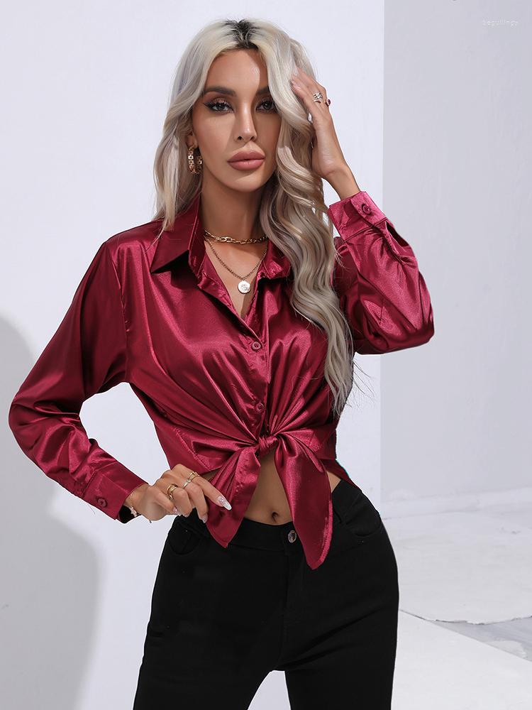 Women's Blouses Women Spring Shirt European Shirts Solid Color Polo Collar Long Sleeved Imitation Silk D3541, Blue 1