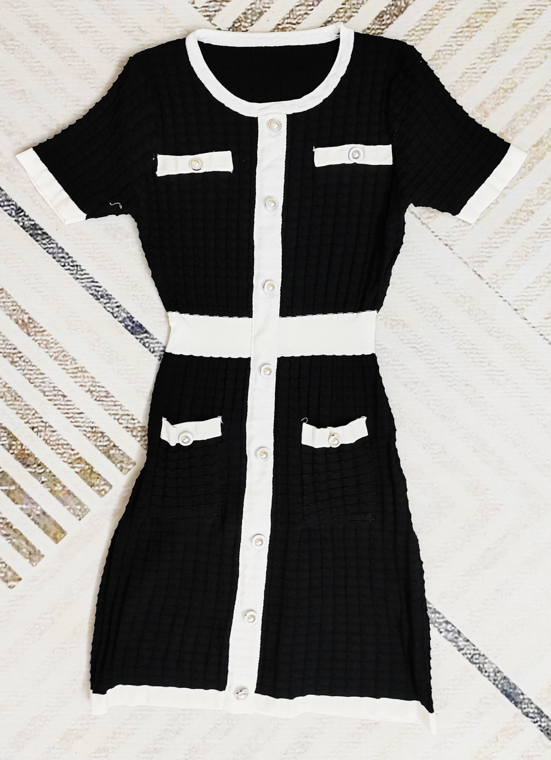 Womens color block knitted casual dresses short sleeve knitted slim waist dress