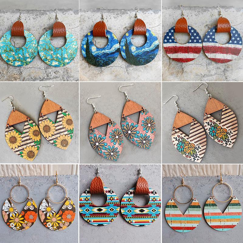 Dangle Earrings Wooden Bohemian Stylish Blue Dye Print Geometric Stripe Stitching Sun Flower Water Ripple American Jewelry
Dangle Earrings Wooden Bohemian Stylish Blue Dye Print Geometric Stripe Stitching Sun Flower Water Ripple American Jewelry