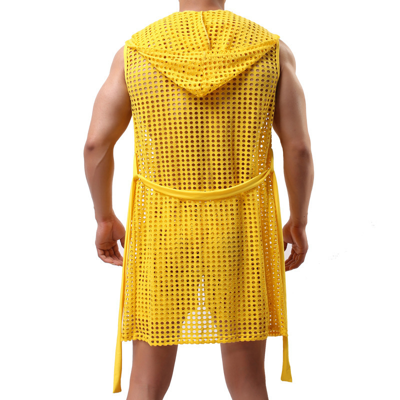 Men's Robes Sexy Robe Sleepwear Mesh Hoodie Sleep Lounge Pajama Gay Wear Men's Hollow Fashion Perspective Dressing Gown BathrobeNo shorts 23