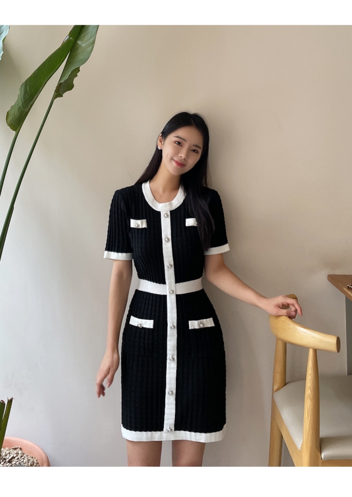 Womens color block knitted casual dresses short sleeve knitted slim waist dress