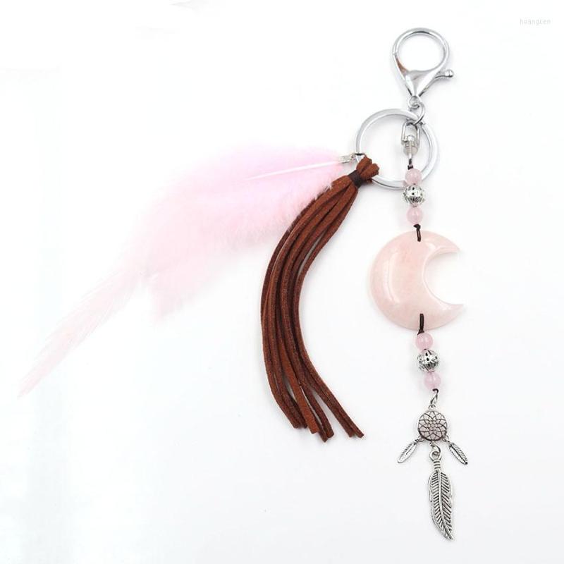 Keychains FYSL Silver Plated Circle Crescent Moon Rose Pink Quartz Key Chain With Tassels Feather Black Agates Jewelry
Keychains FYSL Silver Plated Circle Crescent Moon Rose Pink Quartz Key Chain With Tassels Feather Black Agates Jewelry
