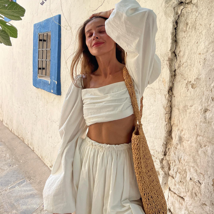 Two Piece Dress Sexy Beige Linen Women Outfits Fashion Puff Sleeve Crop Shirts With High Waist Mini Skirt Sets Female Holiday 230512
