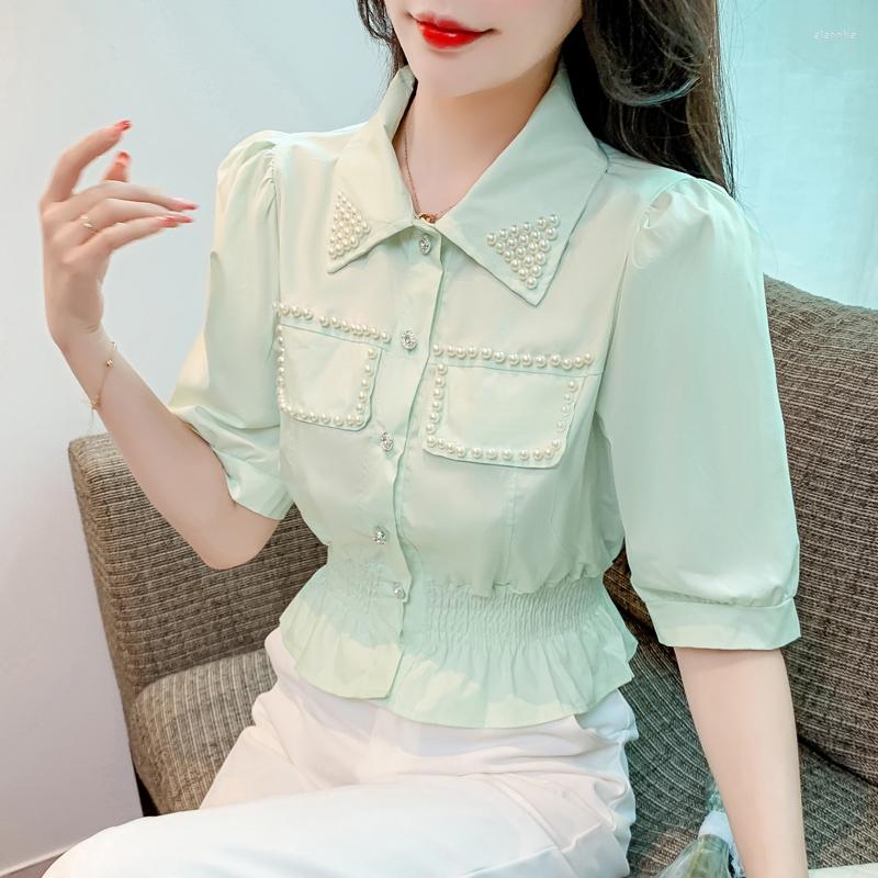 Women' Blouses Korean Fashion White Puff Sleeve Cropped Shirt Cute Top Elastic Slim Waist Peplum Blouse For Women Fake Pocket Pearl Beading, Green
Women' Blouses Korean Fashion White Puff Sleeve Cropped Shirt Cute Top Elastic Slim Waist Peplum Blouse For Women Fake Pocket Pearl Beading, Green