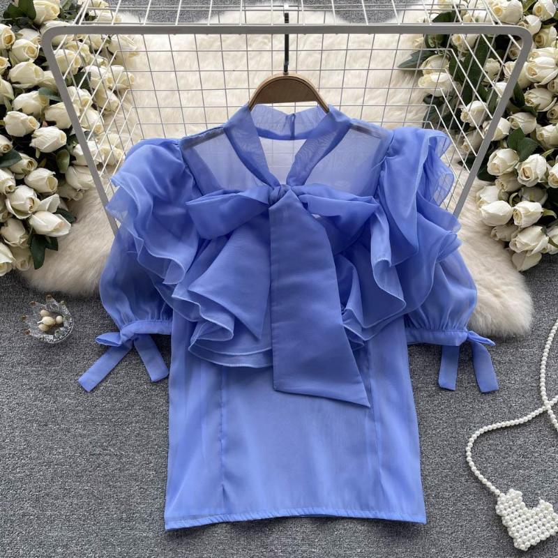 Women's Blouses Summer Thin French Niche Style Ruffled Bow Tie Up Patchwork Bubble Sleeve Chiffon Shirt, Blue
Women's Blouses Summer Thin French Niche Style Ruffled Bow Tie Up Patchwork Bubble Sleeve Chiffon Shirt, Blue