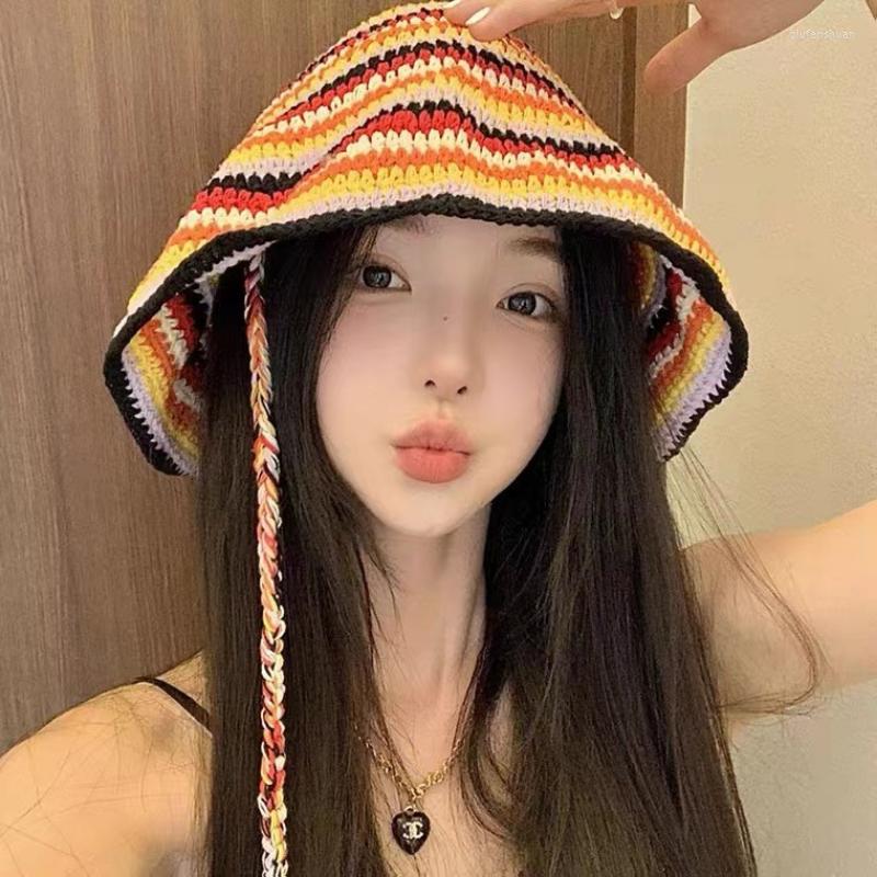 Berets Japanese Color Striped Hand Crochet Fisherman Hat Women Spring Autumn Fashion Fringed Lace Knitted Bucket Hats Trend Bob Cap, 13
Berets Japanese Color Striped Hand Crochet Fisherman Hat Women Spring Autumn Fashion Fringed Lace Knitted Bucket Hats Trend Bob Cap, 13