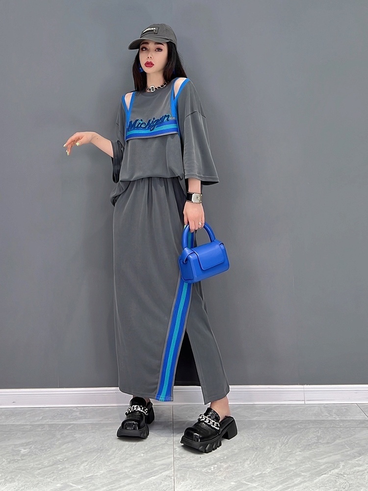 Two Piece Dress QING MO Spring Summer Fashion Suit Leisure Sports Off Shoulder Tshirt Skirt Pieces Set Women ZXF833 230512