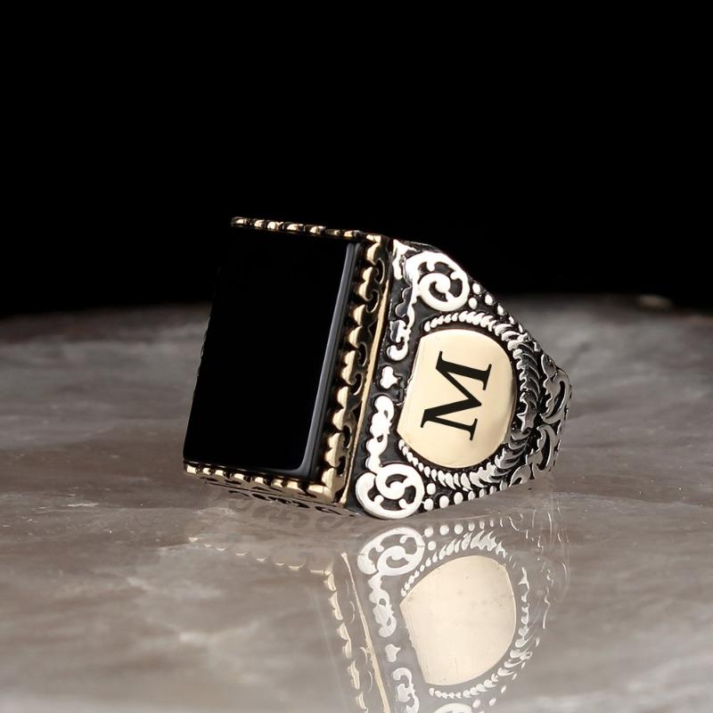 Cluster Rings Onyx Stone Letter 925 Sterling Silver Ring