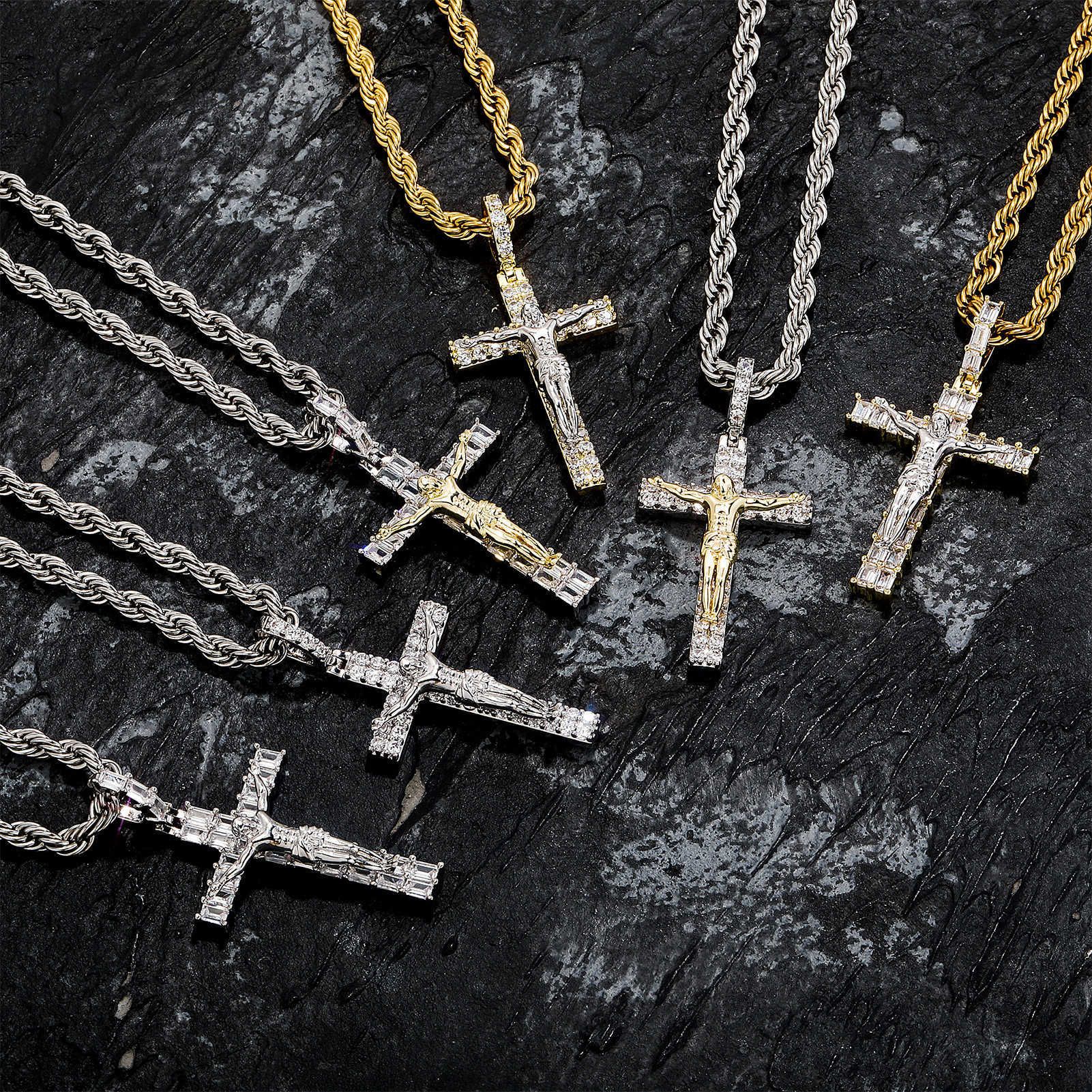 Designer Baguette Cz Stone Large Cross Jesus Pendant Necklace Micro Set Cubic Zircon Real Gold Plated Mens Women's Hip Hop Jewelry Aesthetic Crys