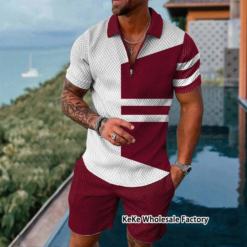 Men's Tracksuits KeKe Summer Oversized Men's Tracksuit Solid Color Short Sleeve Zipper Polo Shirt Shorts Set Male Casual Streetwear 2piece S