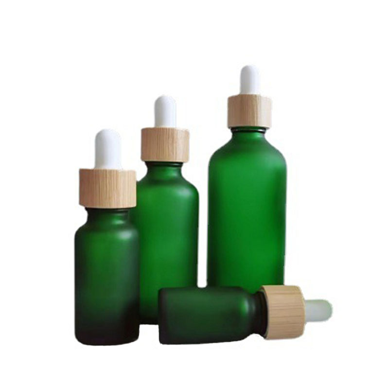 Frosted glass essential oil dropper bottles Blue amber green serum bottle with bamboo reagent pipette cap 10ml 20ml 30ml 50ml 100ml