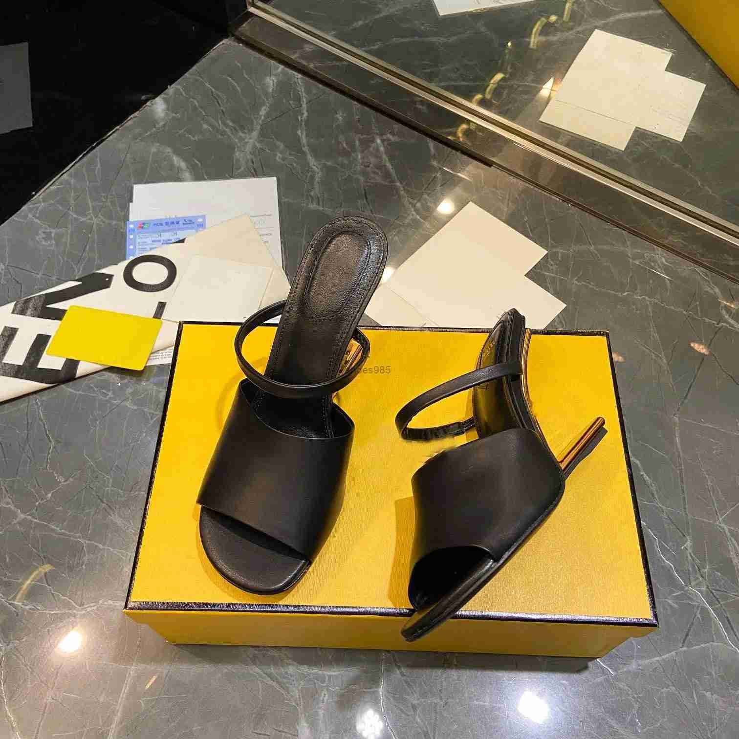 Designer Sandals First Sandals Women Slides Leather High-heeled Sheepskin Stiletto Sandal Gold Metal Diagonal F Carved Luxury Shoes, Colour1 
Designer Sandals First Sandals Women Slides Leather High-heeled Sheepskin Stiletto Sandal Gold Metal Diagonal F Carved Luxury Shoes, Colour1