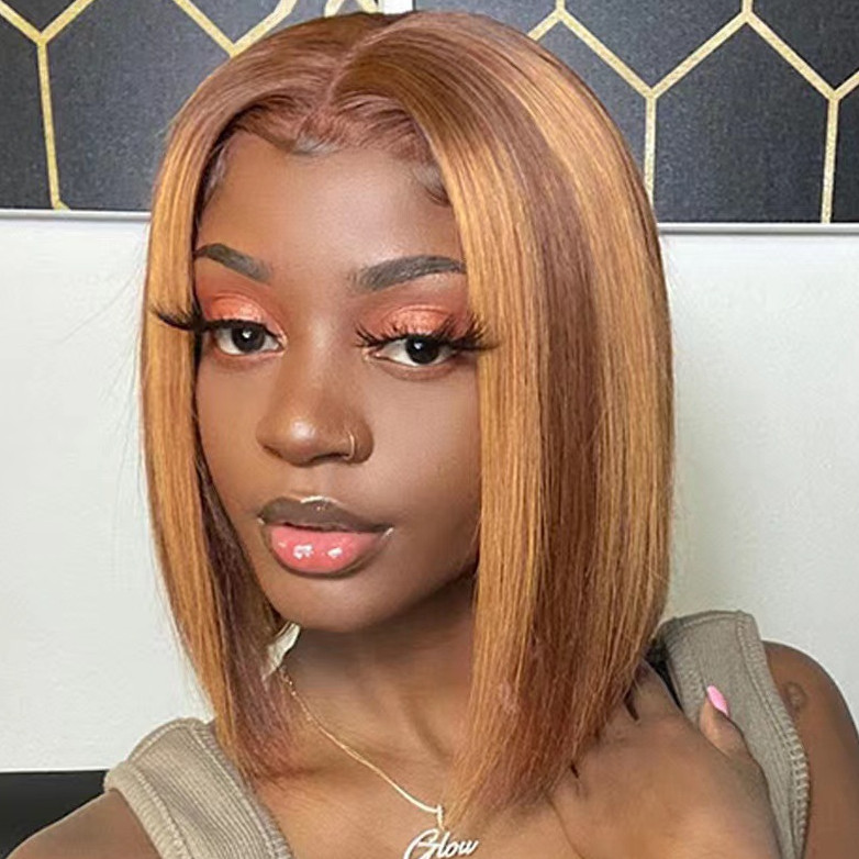 The latest wig women short head cover is fluffy brown gold slanted bangs short straight hair rose net wig head cover with many styles to choose from