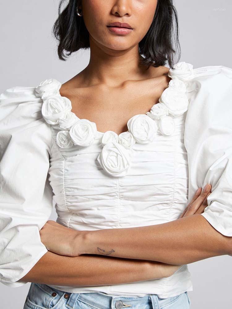 Women' Blouses Three-dimensional Flowers Trim V-neck Blouse For 2023 Spring/Summer Sleeve Slim Fit Zipper White Shirt Top
Women' Blouses Three-dimensional Flowers Trim V-neck Blouse For 2023 Spring/Summer Sleeve Slim Fit Zipper White Shirt Top