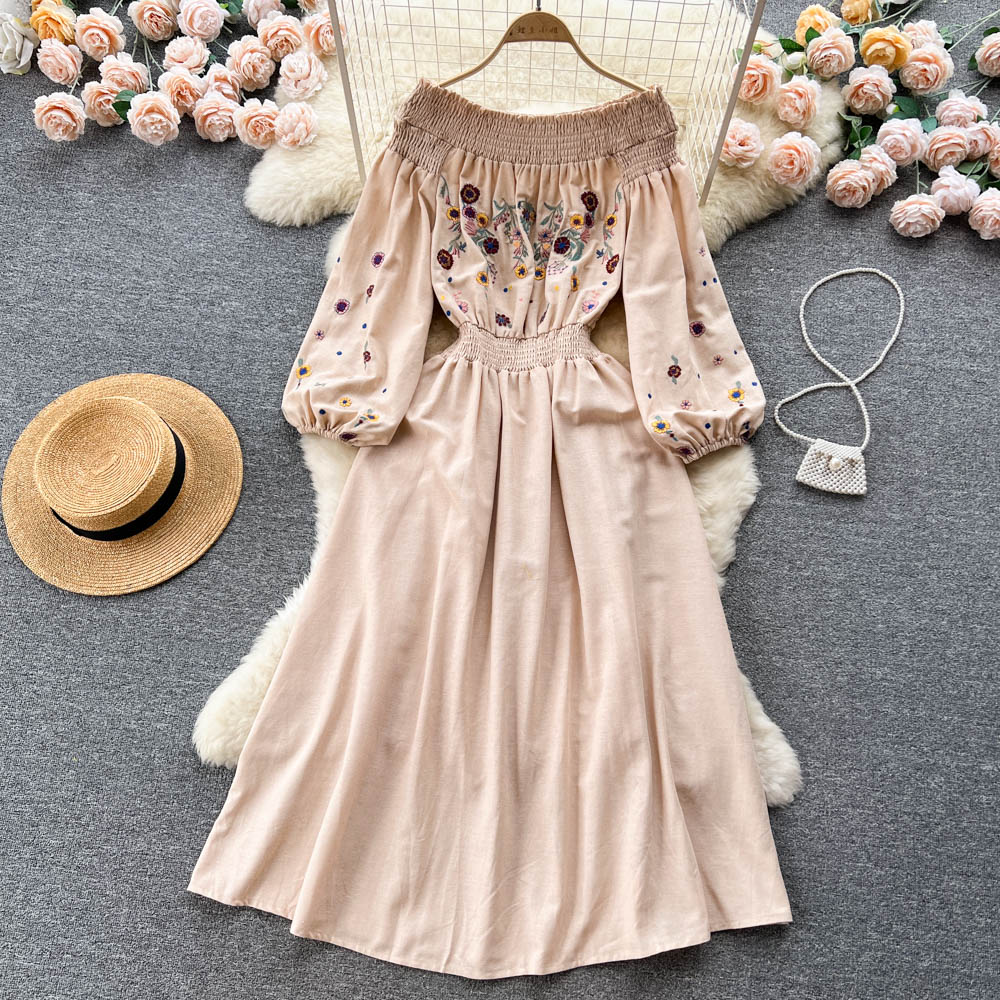 Casual Dresses Slash Neck A-line Dress Women Spring Summer Embroidery Elastic Waist Long Sleeve Solid Color Casual Clothes Vestidos 2023