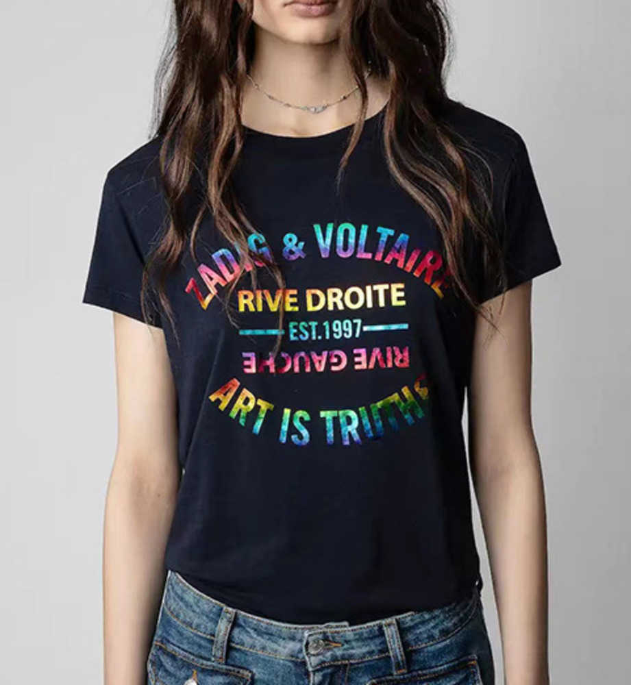 23ss Zadig Voltaire Women Designer T shirt Summer Cotton New Classic Letter Gilding Colorful Printing Round Neck Fashion Short Sleeved Tops, Navy
23ss Zadig Voltaire Women Designer T shirt Summer Cotton New Classic Letter Gilding Colorful Printing Round Neck Fashion Short Sleeved Tops, Navy