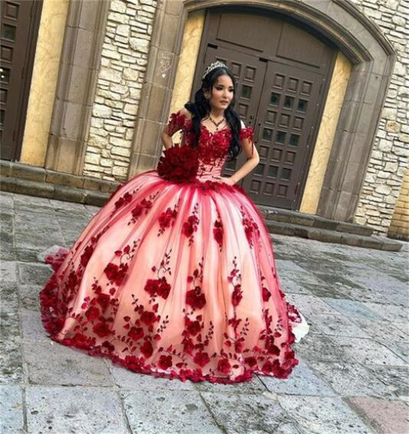 Luxury Red Florals Quinceanera Dresses 2023 Ball Gown Birthday Sweet 15 Party Dress Corset Off Shoulder Women vestidos de novia Sweet 16 Birthday Wear