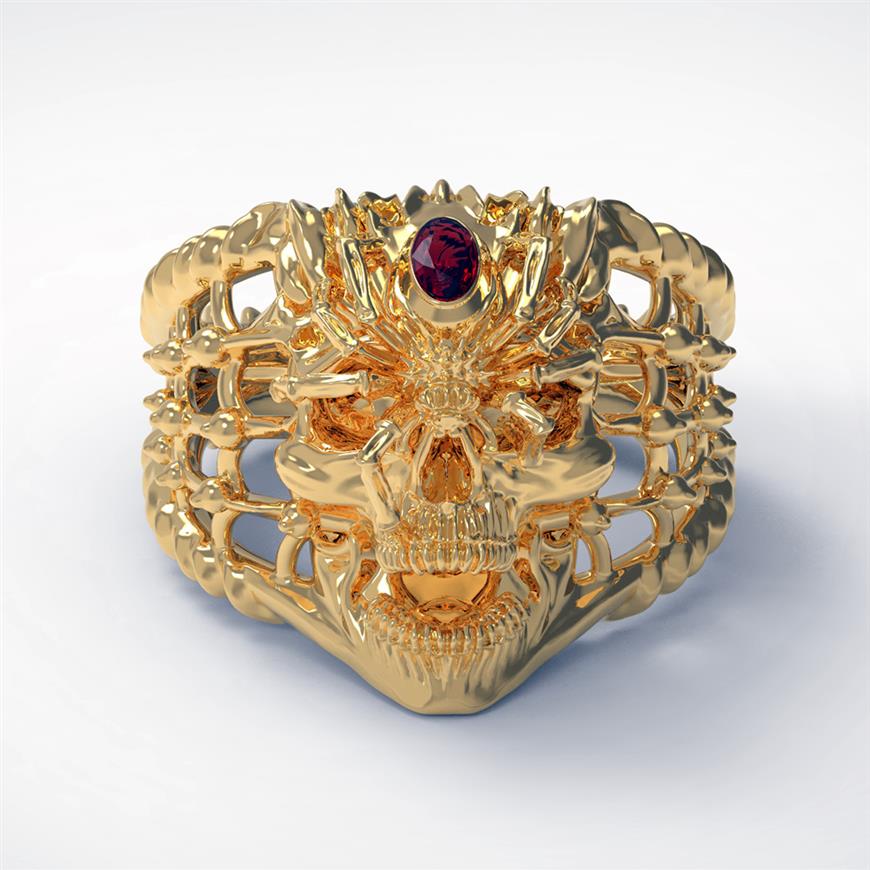 New Design for Fashion Men Retro Personality Two-tone 316L Stainless Steel Spider Skull Ring Ruby Inlay Men's Punk Jewelry312T