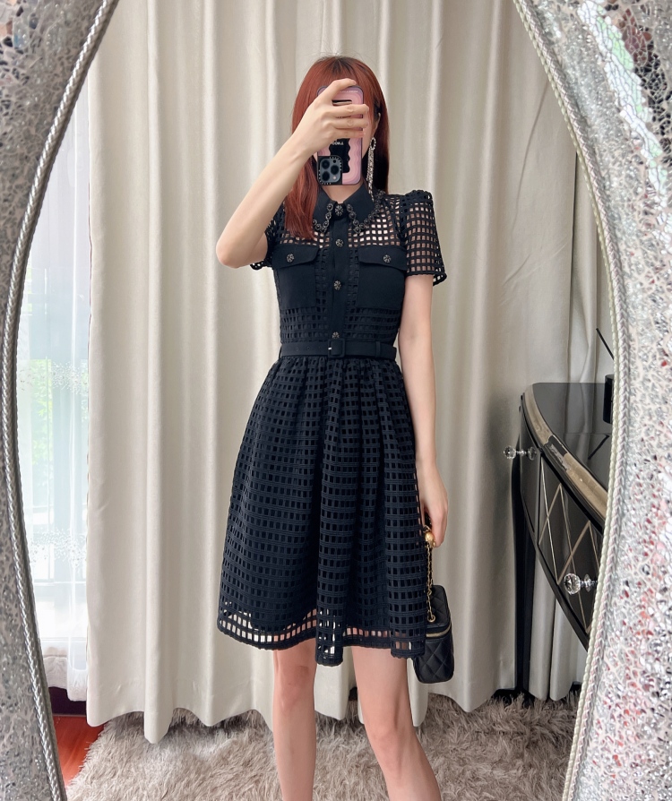 Casual Dresses S-elf- portrait Black Grid Lace Mini Dress