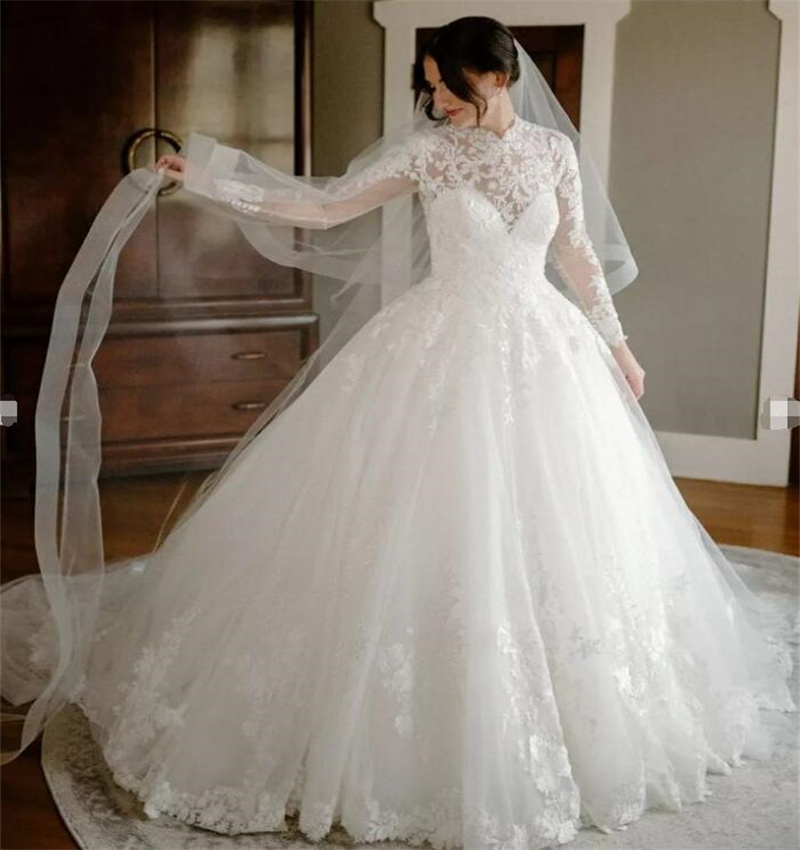 High Neck Lace Princess Wedding Dress 2023 Elegant Long Sleeve Garden Church Wedding Gowns A Line Tulle Open Back Boho Bride White vestidos de novia r