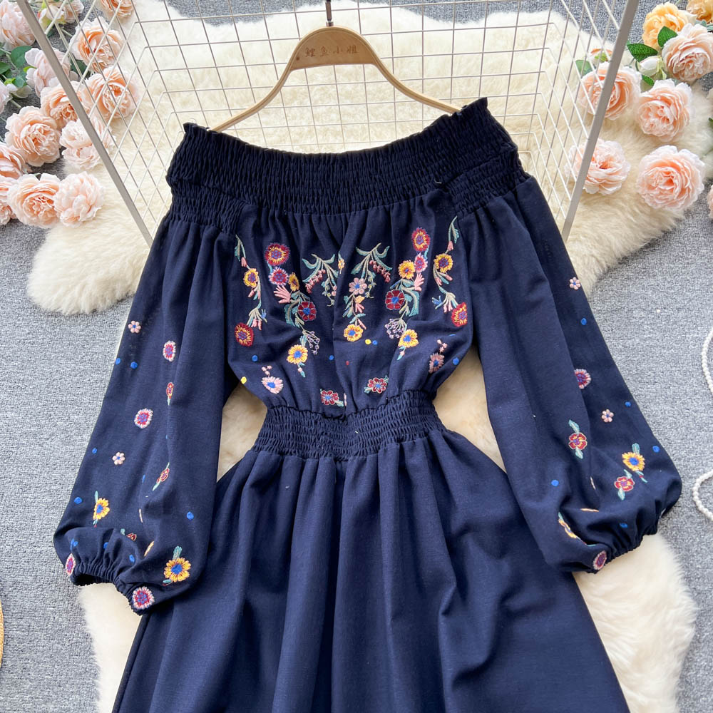 Casual Dresses Slash Neck A-line Dress Women Spring Summer Embroidery Elastic Waist Long Sleeve Solid Color Casual Clothes Vestidos 2023