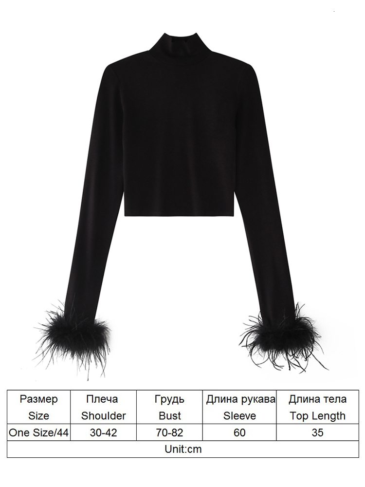 Women's T-Shirt TAOVK Women's Basic Black T-shirts Ladies Turtleneck Crop Tops Fit Skinny Tops Long Sleeve Ostrich Feather Streetwear Outfit