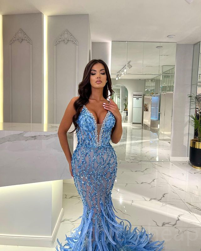 2023 May Aso Ebi Crystals Mermaid Prom Dress Feather Sequined Lace Evening Formal Party Second Reception Birthday Engagement Gowns Dresses Robe De Soi