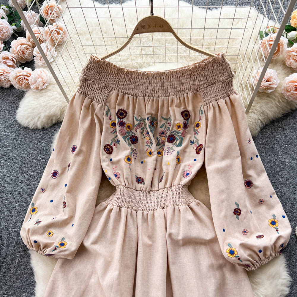 Casual Dresses Slash Neck A-line Dress Women Spring Summer Embroidery Elastic Waist Long Sleeve Solid Color Casual Clothes Vestidos 2023