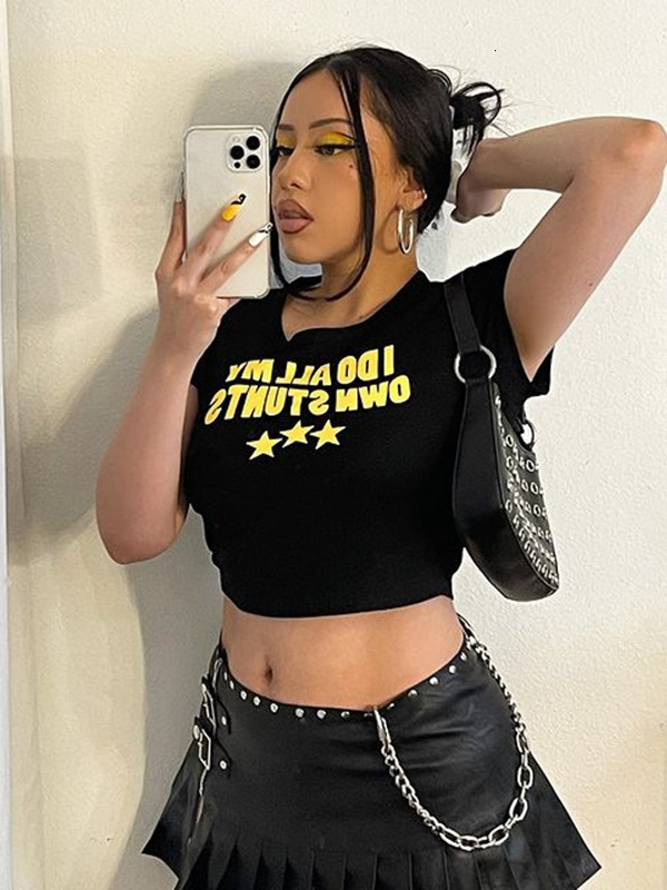 Women's T-Shirt Cutistaiton I DO ALL MY OWN STUNTS Yellow T-shirt Summer Top Woman Crop Tops Graphic O-neck Sexy Baby Tee y2k Baddie Outfit 23051