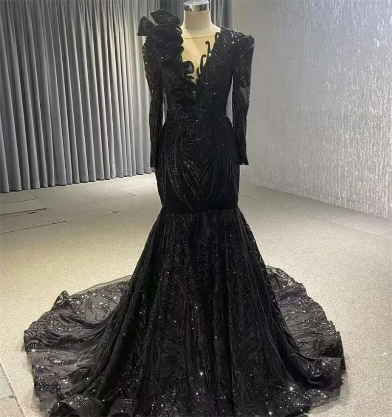 Black Girls Sequin Prom Dress 2023 Elegant Mermaid Long Sleeve Evening Dresses Lace Up Ruffles Formal Party Gowns Elegant Women Vestidos De Fiesta For