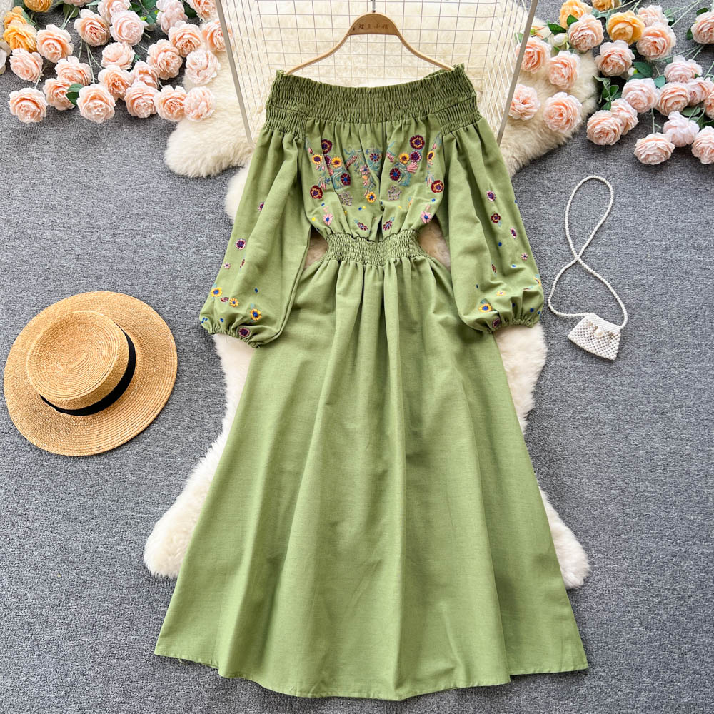 Casual Dresses Slash Neck A-line Dress Women Spring Summer Embroidery Elastic Waist Long Sleeve Solid Color Casual Clothes Vestidos 2023