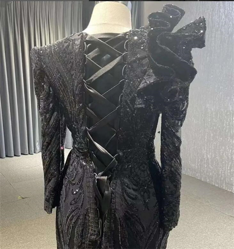 Black Girls Sequin Prom Dress 2023 Elegant Mermaid Long Sleeve Evening Dresses Lace Up Ruffles Formal Party Gowns Elegant Women Vestidos De Fiesta For
