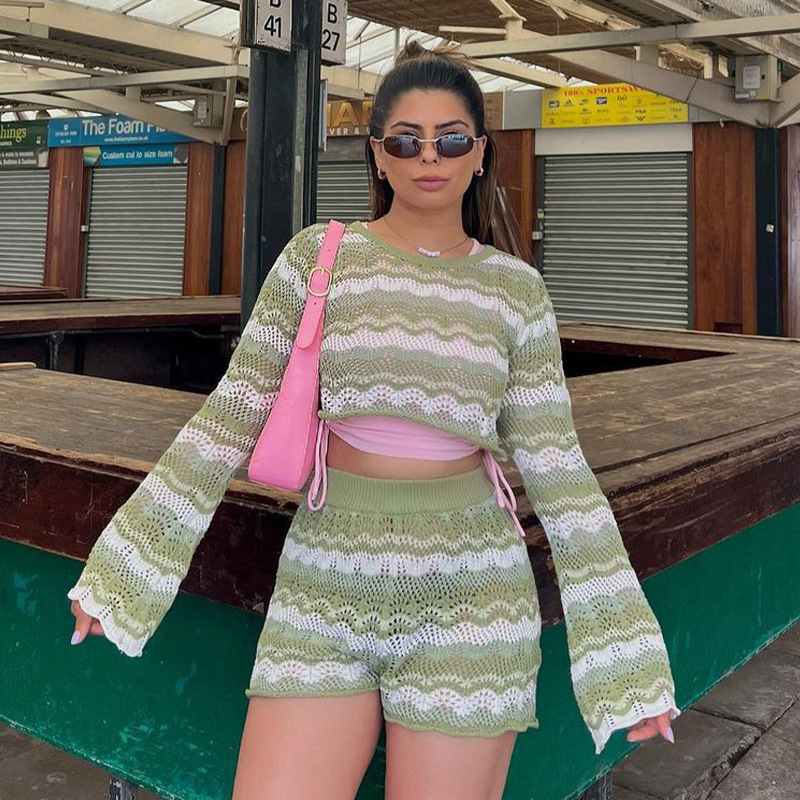 Women's T-Shirt Gaono Beach Holiday Bohemian Knitted Two Piece Set Ouftits Long Sleeve Hollow Out Crop Top Pullovers Slim Fit Short Streetwear 23