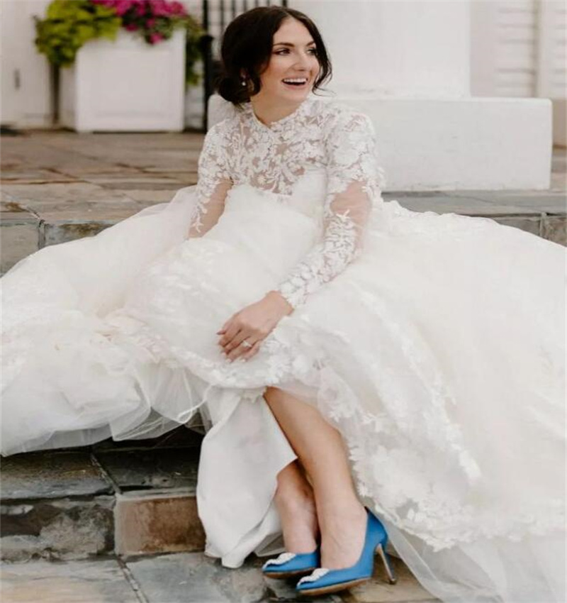 High Neck Lace Princess Wedding Dress 2023 Elegant Long Sleeve Garden Church Wedding Gowns A Line Tulle Open Back Boho Bride White vestidos de novia r