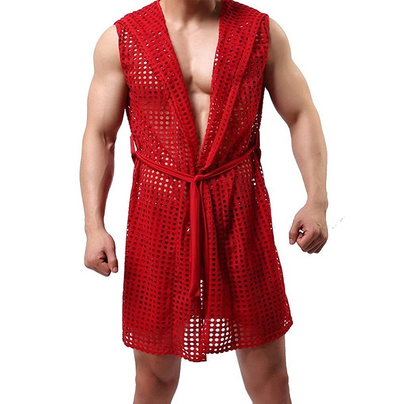 Men's Robes Men's Sexy Hooded Sleeveless Robes Bathrobes Mesh SeeThrough Lingerie Sleepwear Pajamas Male Hollow Out Beachwear Nightgown 2305