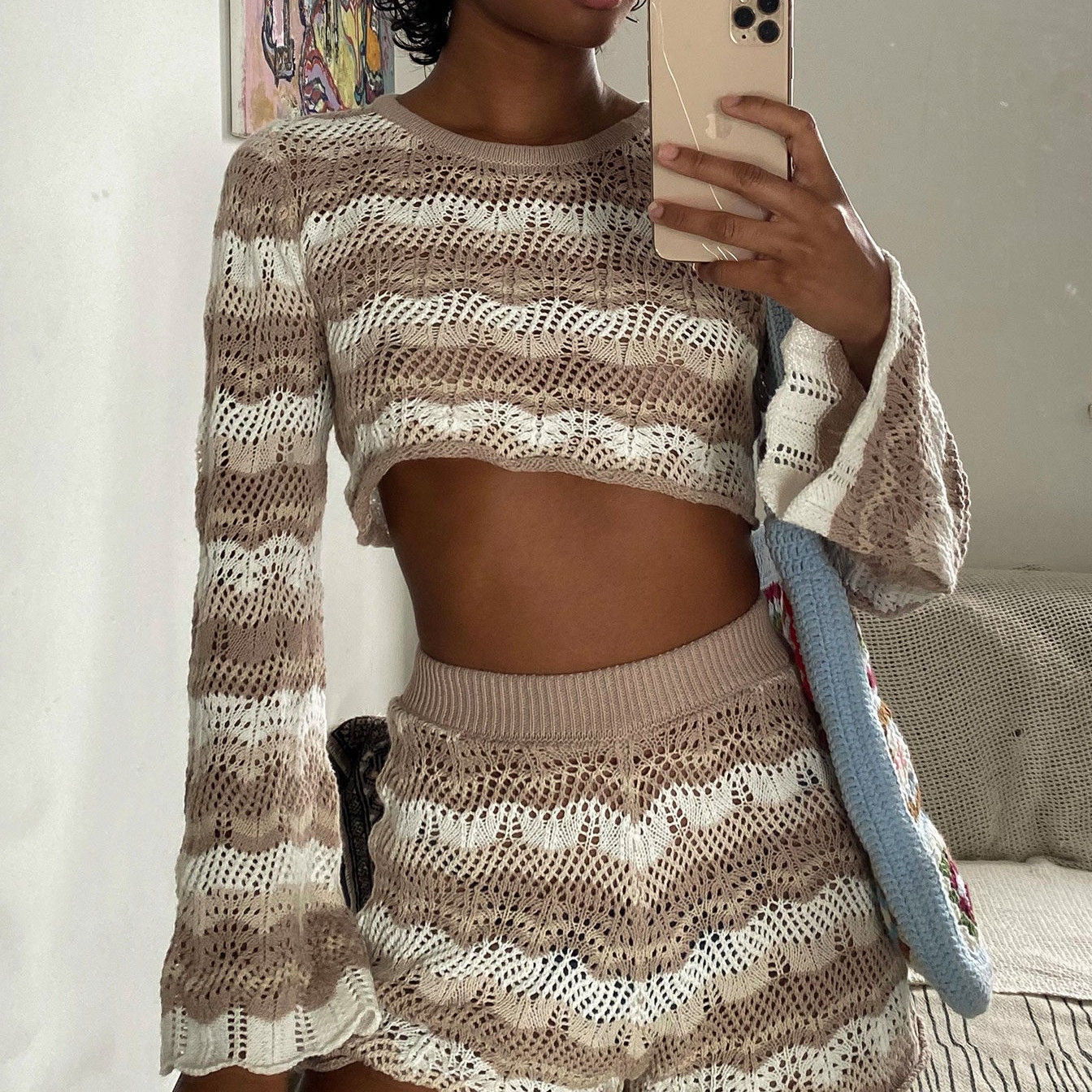 Women's T-Shirt Gaono Beach Holiday Bohemian Knitted Two Piece Set Ouftits Long Sleeve Hollow Out Crop Top Pullovers Slim Fit Short Streetwear 23