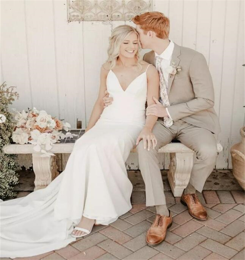 Korean Soft Satin Boho Wedding Dress 2023 Sexy Backless Spaghetti Straps Mermaid Bohemain Bridal Dresses Sweep Train Beach Bride robe mariee Femme ves