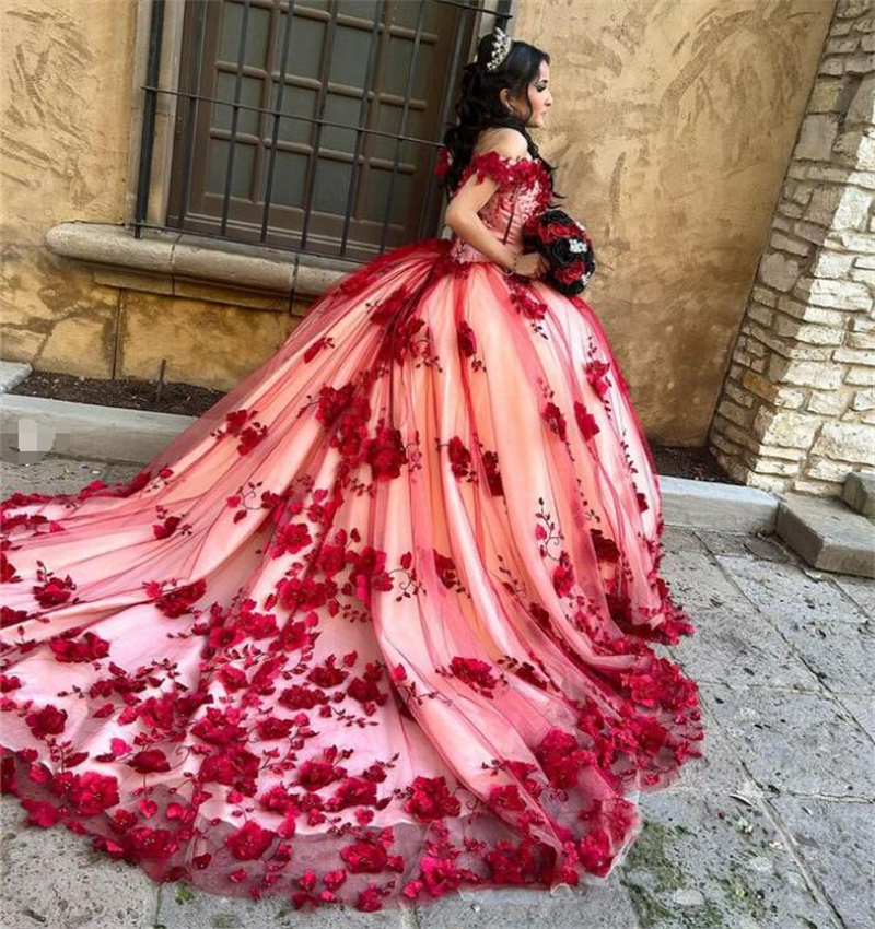 Luxury Red Florals Quinceanera Dresses 2023 Ball Gown Birthday Sweet 15 Party Dress Corset Off Shoulder Women vestidos de novia Sweet 16 Birthday Wear