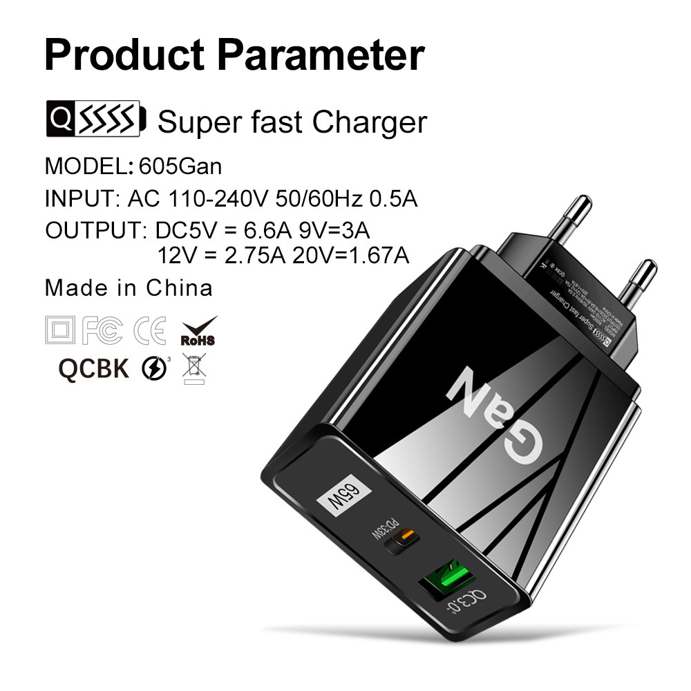 Super Fast Quick Charging PD Wall Charger Gan 65W PD33W Type c USB C Power Adapters For IPhone 12 13 14 Samsung htc lg android phone