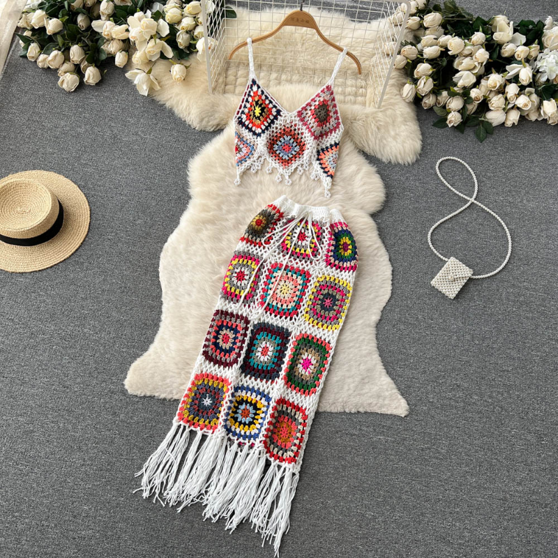 Sexy Black Diamonds Vacation 2pcs Set Women Two Piece Dress Party Sleeveless Short Tops + High Waist Split Skirt Female Suits Club Fashion 2024