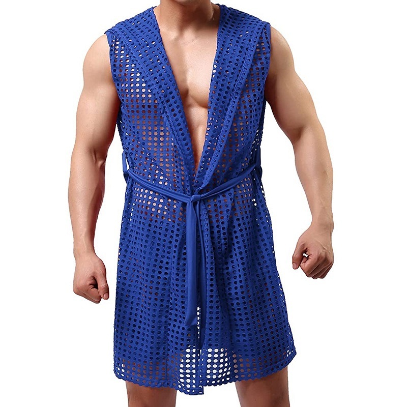Men's Robes Men's Sexy Hooded Sleeveless Robes Bathrobes Mesh SeeThrough Lingerie Sleepwear Pajamas Male Hollow Out Beachwear Nightgown 2305